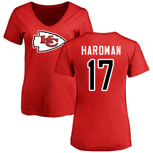 Women Football Kansas City Chiefs #17 Hardman Mecole Red Name and Number Logo Slim Fit T-Shirt